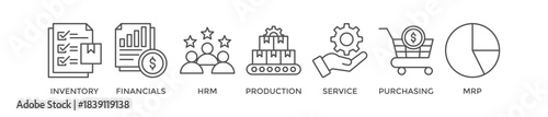 ERP banner web icon vector illustration concept for enterprise resource planning with icon of inventory, financials, hrm, production, service, purchasing, and mrp