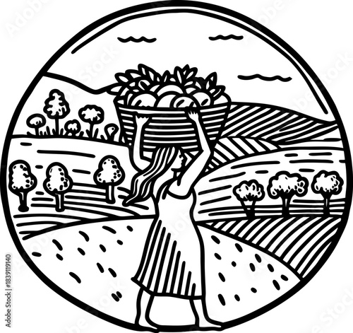 Woman carrying harvest basket in rural landscape, stylized agriculture and farming illustration