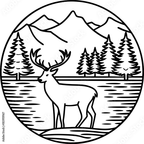 deer in mountain forest landscape, circular wilderness nature scene with trees and lake