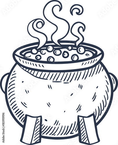 Boiling cauldron with bubbling potion and rising steam in vintage hand drawn illustration