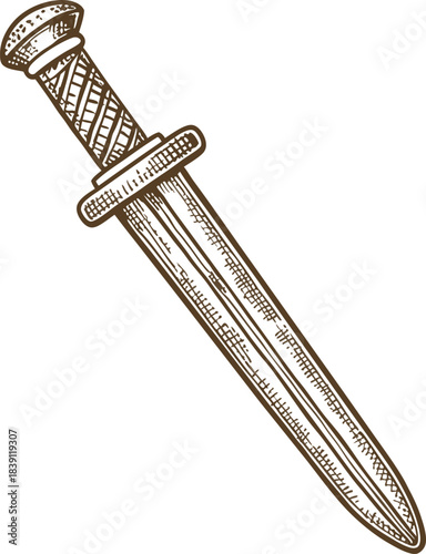 Ancient short sword illustration hand drawn medieval dagger, vintage engraved weapon icon