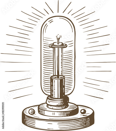 Vintage incandescent light bulb illustration with glowing filament and radiant lines on white background