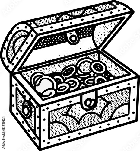Treasure chest filled with gold coins vintage pirate loot box illustration, dotted engraving