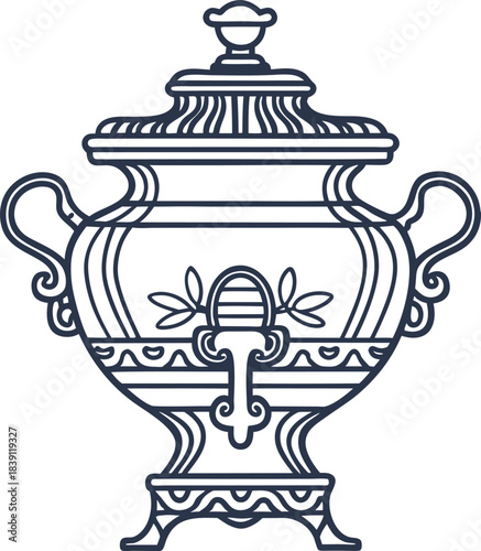 Antique ornate samovar line icon with decorative handles and floral ornament design