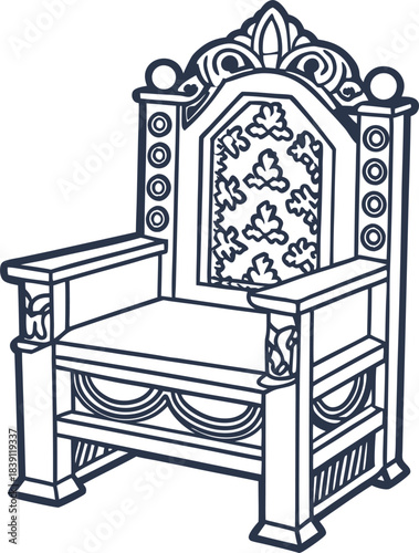 Ornate royal throne chair illustration with decorative floral backrest and classic wood carving details