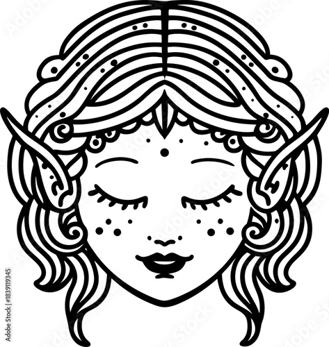 Elven woman face with closed eyes, decorative hair and ears in black and white line art