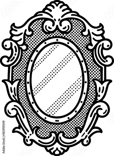 Ornate vintage oval mirror frame with decorative baroque floral border and dotted reflective glass