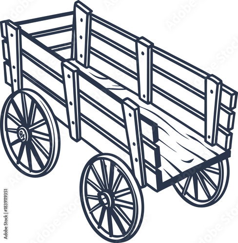 Old wooden farm wagon with four spoked wheels, vintage hand drawn rural cart illustration