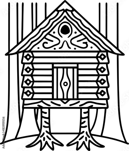 Fairy tale wooden hut on chicken legs in forest magical cabin outline, fantasy folklore house