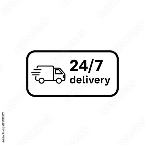 24/7 delivery service icon with delivery truck graphic. Logistics and delivery concept.   