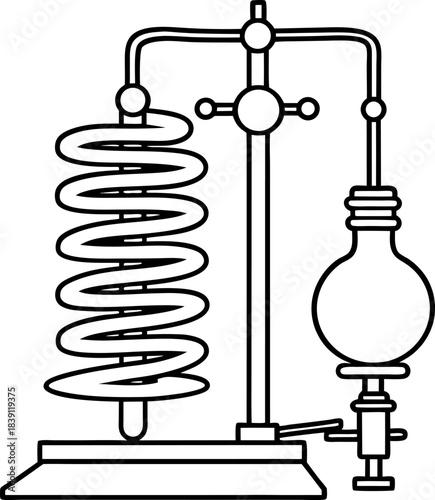 Coiled laboratory condenser apparatus with glass bulb and metal stand for scientific experiment
