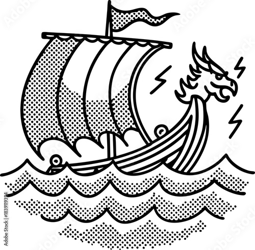 Viking longship sailing on rough waves dragon head prow, striped sail, maritime adventure illustration