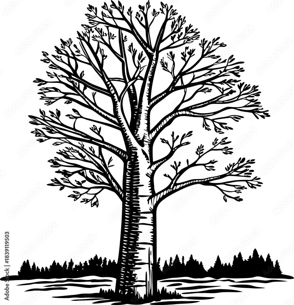 Fototapeta premium Bare tree silhouette with detailed branches and bark, isolated illustration above forest landscape horizon