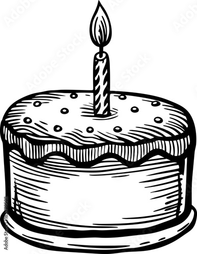 single candle birthday cake illustration with decorative icing and sprinkles on white background