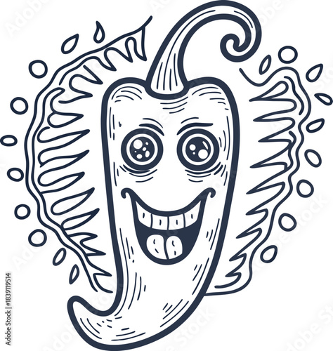 Smiling chili pepper character with buttons eyes and quirky face surrounded by decorative leaves