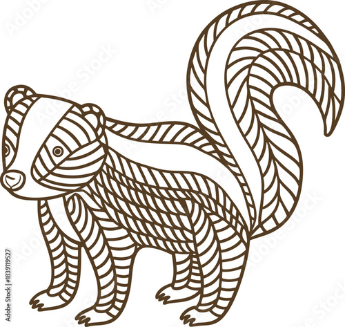 Decorative skunk illustration stylized striped animal drawing with curled tail and abstract line pattern
