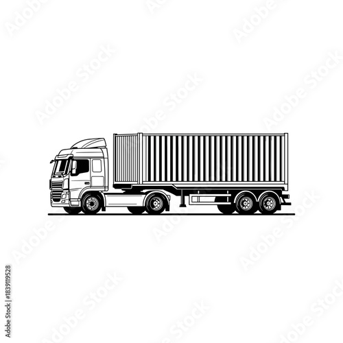 Truck with cargo container in black and white illustration. Logistics and delivery concept.    