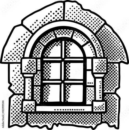 old stone arched window in medieval wall with rustic bricks and vintage architectural details