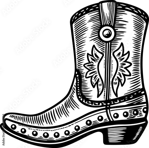 Cowboy boot illustration with decorative western pattern and heel in vintage engraving