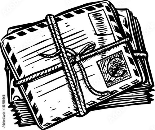 Vintage tied letters bundle hand drawn stack of old envelopes with rope and postage stamp illustration
