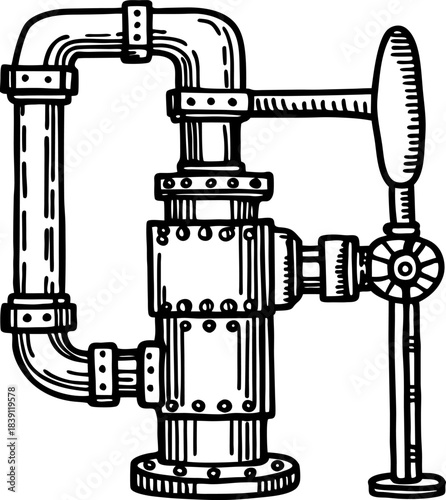 Industrial hand operated valve with pipes vintage mechanical control device illustration
