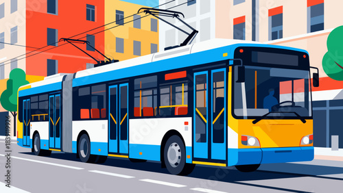 Electric trolleybus driving on city street with colorful buildings  