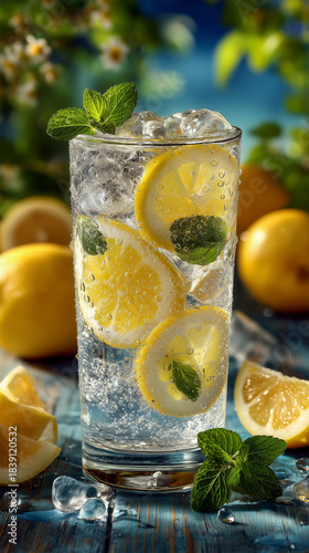 Homemade lemonade with lemon and mint on wooden table. Refreshing summer drink. Drink making ingredients for lemonade.