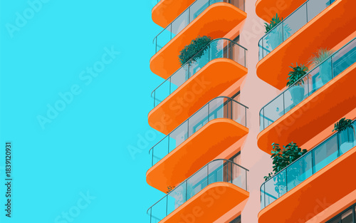 Modern colorful building with curved balconies photographed against a bright blue sky, perfect for architectural visuals, urban design projects, real estate marketing, creative cityscape illustrations