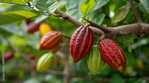 Cocoa fruit ready to be picked hanging on tree branches