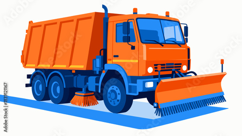 Orange road maintenance truck with sweeping attachment on street  