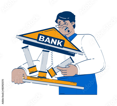 Bank collapse doodle illustration concept. Banking crisis. Financial institution instability. Fragile economy. Arab investor banker cartoon 2D character isolated on white. Hand drawn vector metaphor