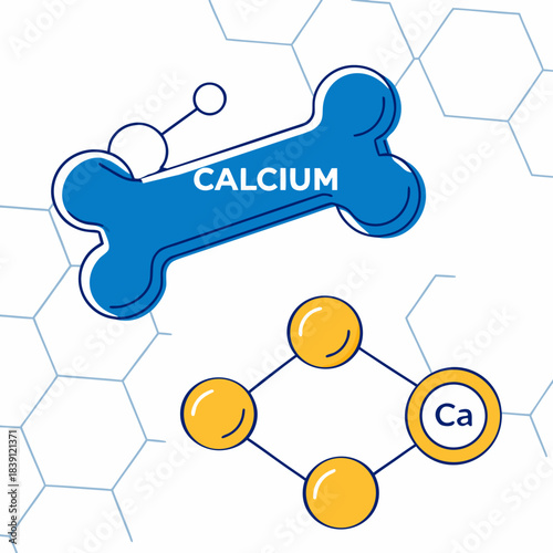 Essential calcium mineral concept illustrated with a blue bone icon and a chemical structure diagram against a light background