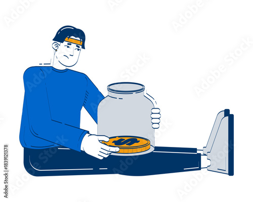 No savings doodle illustration concept. Financial insecurity. Living paycheck to paycheck. Asian man holding empty jar with last coin cartoon 2D character isolated on white. Hand drawn vector metaphor