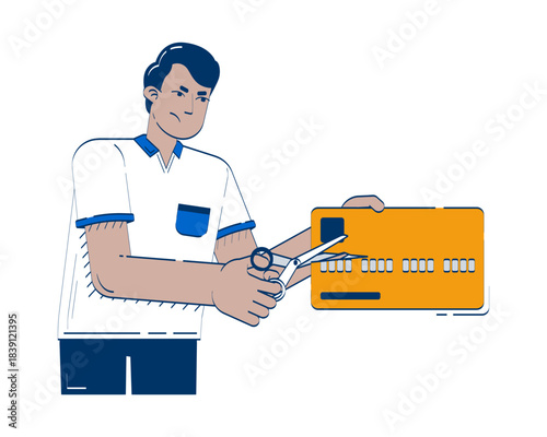 Cutting credit card doodle illustration concept. Eliminating debt creditcard during economic recession. Reduce spending. Indian man cartoon 2D character isolated on white. Hand drawn vector metaphor