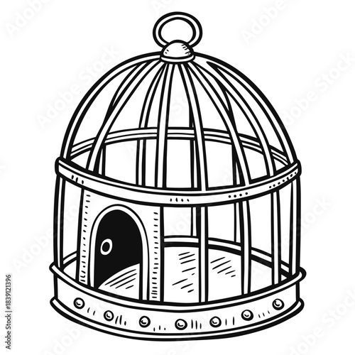 Vintage style hand drawn empty birdcage illustration featuring a domed top and small arched doorway perfect for whimsical design concepts