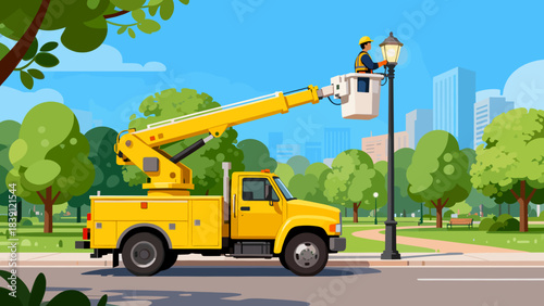 Worker repairing street lamp using yellow cherry picker truck in park  