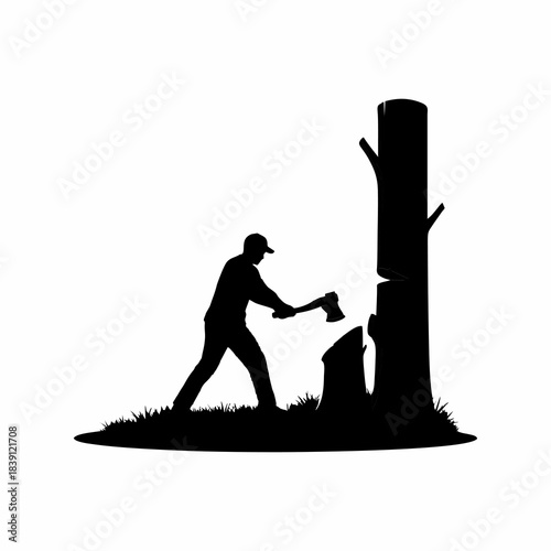 vector silhouette of a person cutting down a tree