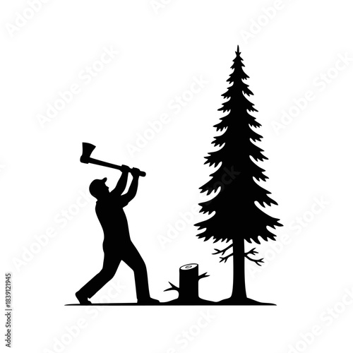 vector silhouette of a person cutting down a tree