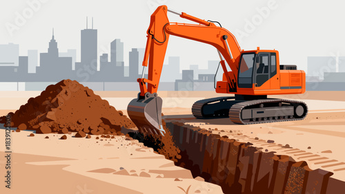 Excavator digging in construction site with urban skyline background  