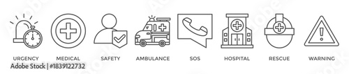 Emergency banner web icon vector illustration concept with icon of urgency, medical, safety, ambulance, sos, hospital, rescue, and warning