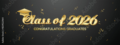 Elegant Black and Gold Class of 2026 Graduation Banner with Confetti Accents