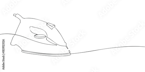 A simple line drawing of an electric clothes iron with a handle, water reservoir, and smooth soleplate, used for pressing and removing wrinkles from fabric