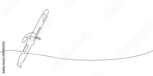 Minimal line-art illustration of a curling iron with a clamp, used for styling and creating curls or waves in hair