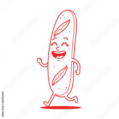 Cartoon baguette character running with a smile bread