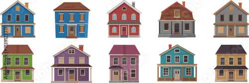 Set of colorful suburban houses in various architectural styles, charming family home illustrations, residential neighborhood vector design.