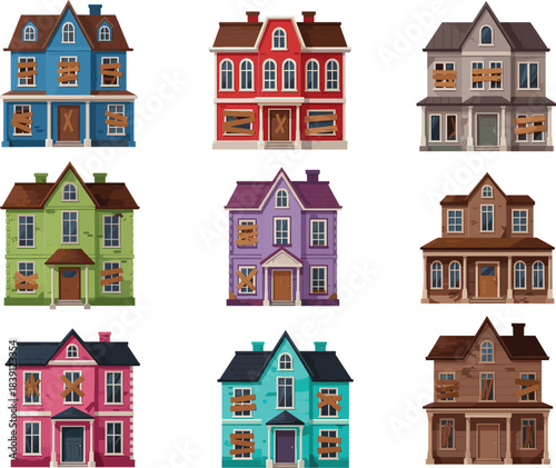 Set of abandoned boarded-up houses in various colors, damaged spooky homes illustration, distressed urban and suburban buildings.