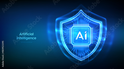 AI security concept with shield and microchip. Secure artificial intelligence, AI-powered cybersecurity, data protection and privacy, digital defense systems, secure networks. Vector illustration.