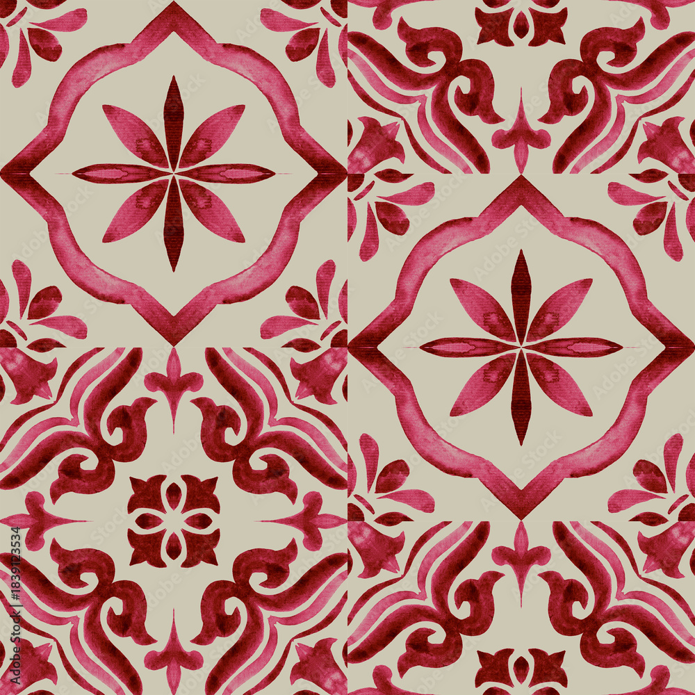 Fototapeta premium Ornamental Red Azulejo Tile Pattern with Baroque Touch