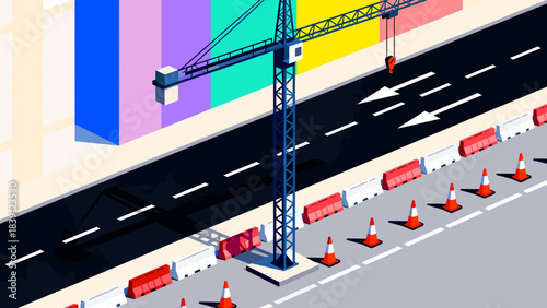 Construction crane operating on the street with traffic cones nearby - Concept of road, special equipment  