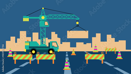 Construction crane lifting a beam in a city street with barriers  